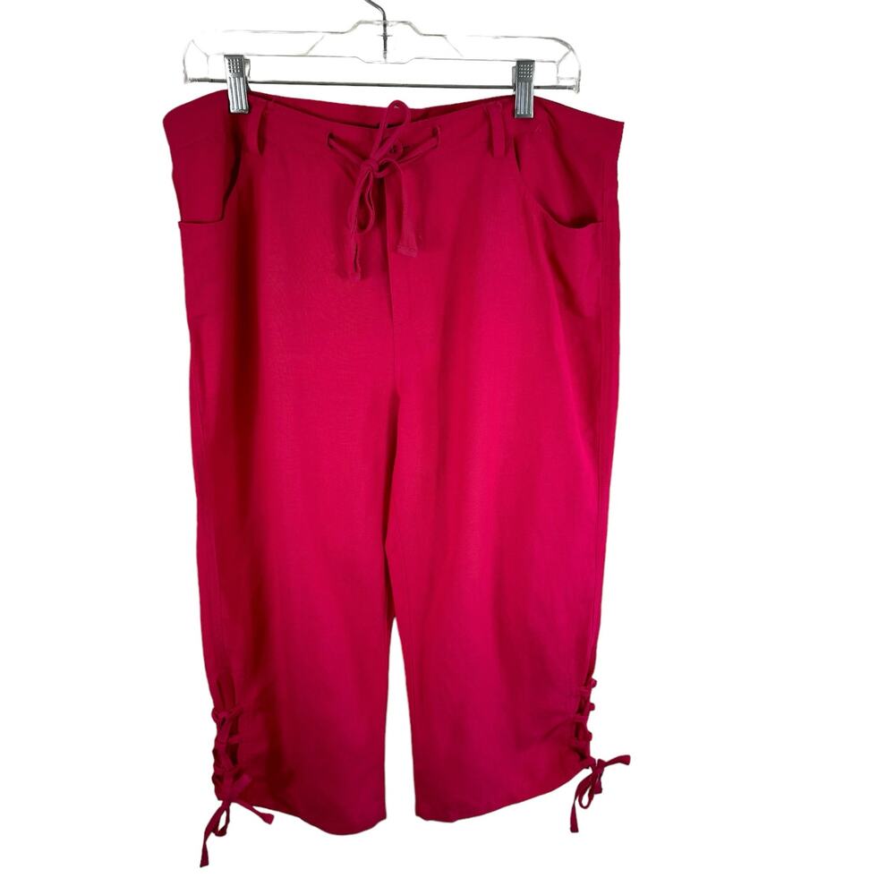 For Cynthia Hot Pink Linen Viscose Lightweight High Rise Cropped‎ Capri Pants L